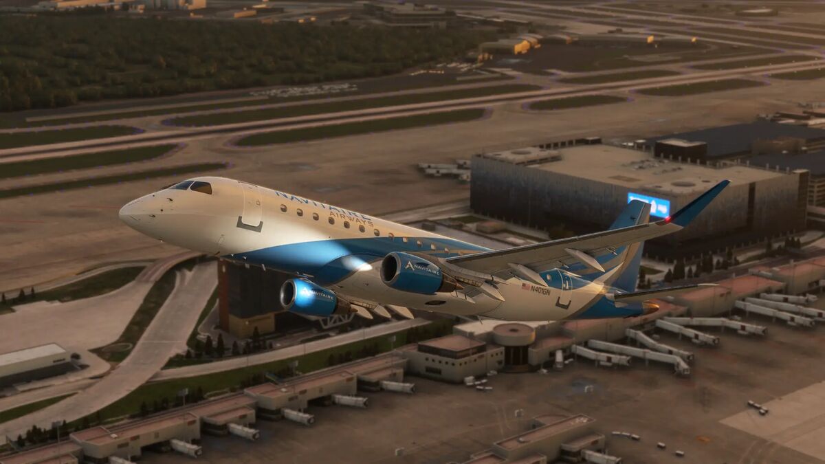 NGS Virtual Embraer jet climbing out over an airport terminal
